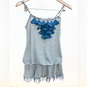 Y2K Mine Blue and White Striped Ruffle Blouse